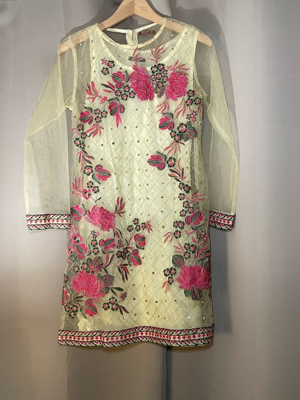 Pakistani Floral Embroidered Sheer-Sleeve Dress in Light Yellow and Pink